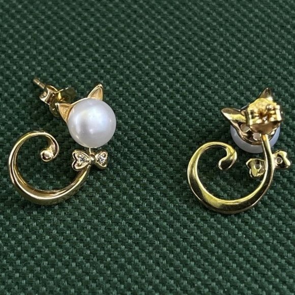 18K Gold Plated Over 925S Silver Real 6mm Natural Pearl Stud Earrings Cat Shape - Picture 7 of 12